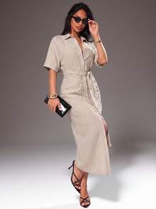 Radiana Elegant Casual Brunch Vacation Fashion Minimalist Linen-Like Blue And White Stripe Striped Waist Belt Cinched Shirt Dress Cotton Blend Long Summer - Apricot - View 2
