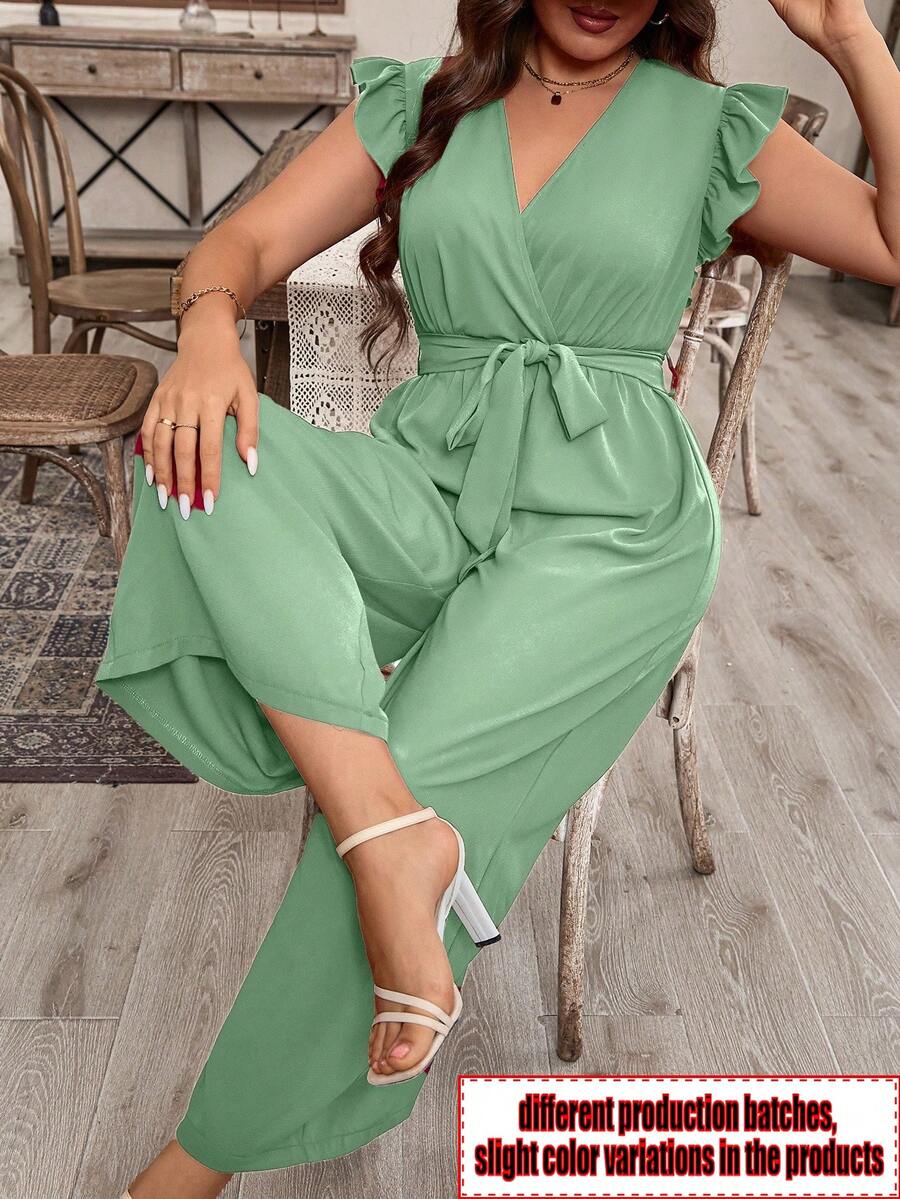 EMERY ROSE Plus Size Green Casual Fabric Jumpsuit V Neck Wrap Long Flounce Sleeve For Women - Green - View 1