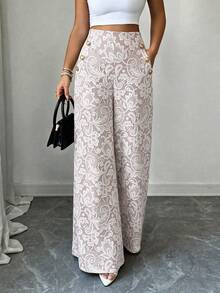 SHEIN LUNE Pantalon long ample élégant et romantique pour femmes avec imprimé floral, poches à boutons, rose floral, automne, occasions de fête & Fête nationale saoudienne - Blanc - Voir 4