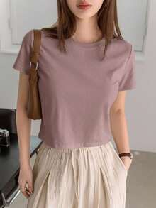 Dazy-Less Solid Color Round Neck Casual Short Sleeve T-Shirt Summer,Crop Tops Women Business Casual Woman Work Clothes - Purple - View 6