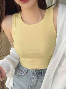 DAZY Women's Cream Yellow Fitted Ribbed Crew Neck Camisole, Summer Thin Clothing - Yellow - View 9