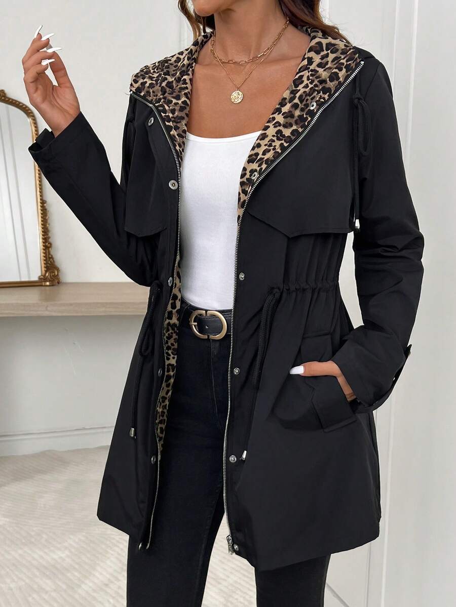 SHEIN Clasi Women's Fashion Button Drawstring Tie Long Sleeve Hooded Leopard Print Jacket - Multicolor - View 1