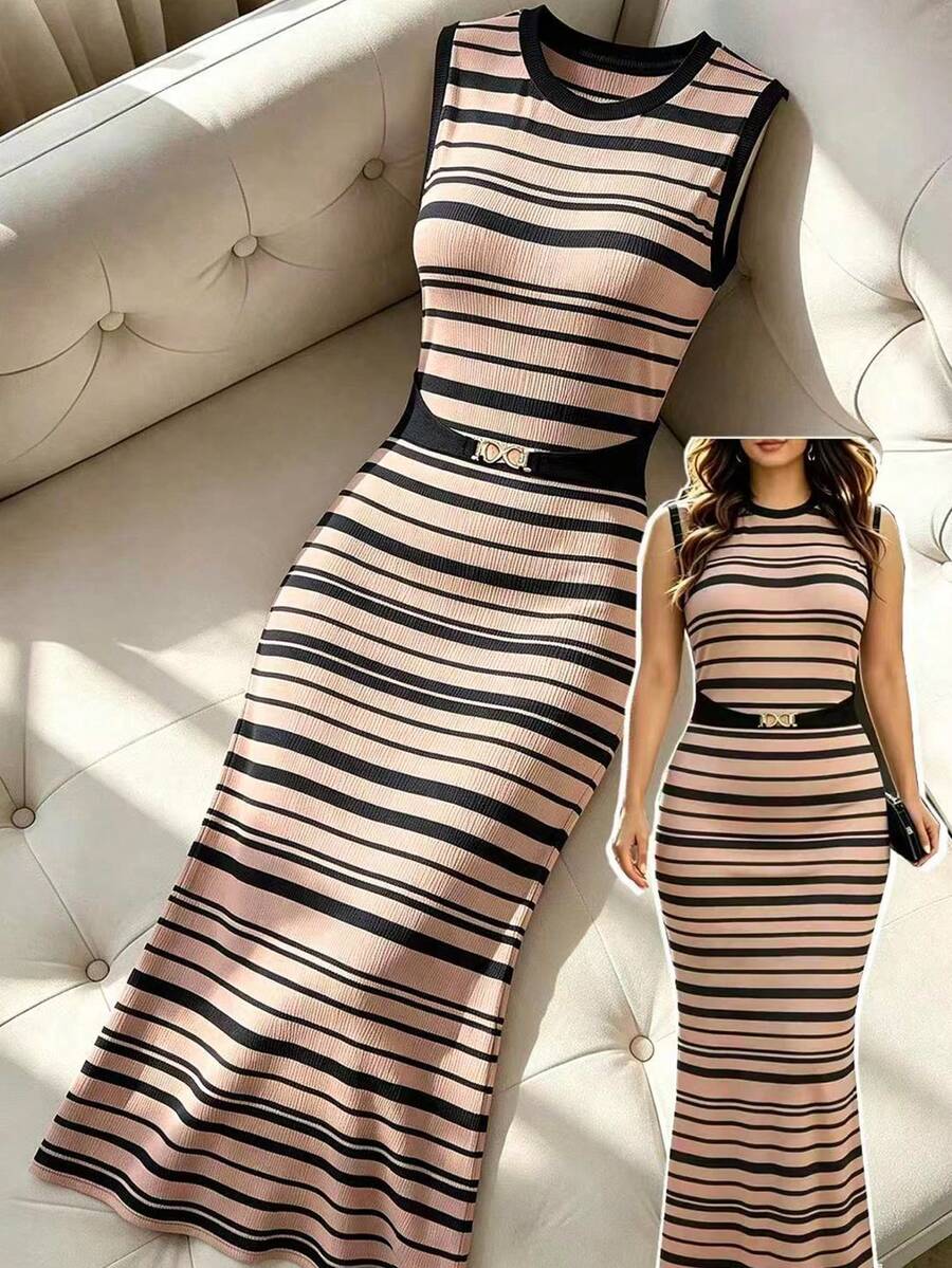 GlowEve CURVE Robe débardeur décontractée à rayures et col rond pour femmes grande taille - Nude - Voir 1