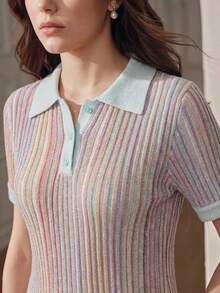 Anewsta Essential 女款彩色條紋 Polo 領短袖上衣，可愛休閒設計，適合夏季 - 淡紫色 - 查看 2