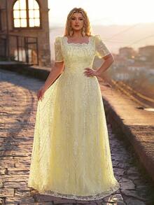 Glamrae Plus Size Elegant Romantic Square Neck Short Sleeve Sheer Rhinestone & Pearl Embellished A-Line Evening Gown For Wedding Party Celebration Formal Occasion Event Heavy Work Design - Yellow - View 4