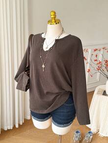 Comfortcana Plus Size Thin Brown Vintage Distressed Cotton Sweatshirt Fall - Brown - View 7