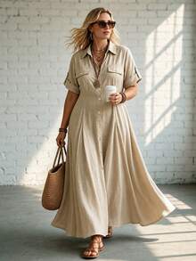Ceyna Plus Size Women's Solid Color Casual Daily Summer Dress - Khaki - View 5