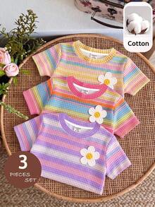 Kids Young Girl Casual Minimalist Cartoon Pattern Round Neck Short Sleeve Basic T-Shirt, Suitable For Spring/Summer, 3pcs -Piece Set - Multicolor - View 6