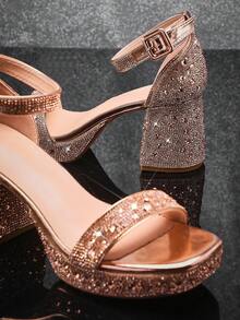 SHUZIA Sepatu Hak Tinggi Platform Rose Gold Bertabur Kristal RedCarpetReady untuk Wanita - Tali Rhinestone Multi-Potong & Pengunci Pergelangan Kaki yang Dapat Diatur | Hak Blok Stabil untuk Pesta Pernikahan hingga Acara Formal, Sepatu Musim Panas - Rose Gold - View 5