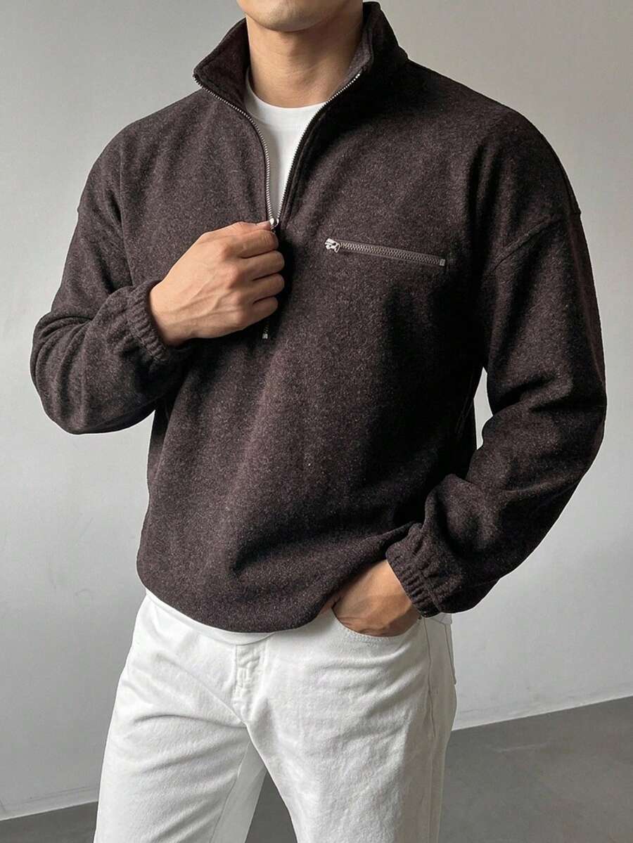 DAZY Sudadera tipo pulóver para hombre de otoño, color marrón oscuro con estampado floral, mezcla de lana, cuello alto, media cremallera, bajo con cordón y puños acanalados - Marrón - Ver 1