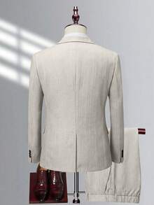 Manfinity Bizformal 男士紳士簡約修身單排扣商務三件套西裝，包含西裝外套、背心與長褲套裝，適用於婚禮、派對、度假、旅行、正式場合與典禮 - 杏色 - 查看 2