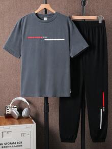 SHEIN 青少年男孩休閒日常舒適印花圖案圓領寬鬆短袖T恤與直筒印花對比色針織長褲套裝 - 彩色 - 查看 3