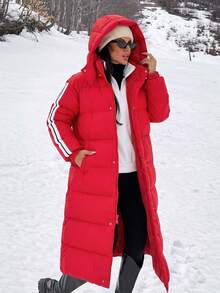Fashion Style, Jacquard Tape Detailed Puffer Winter Coat - Red - View 4