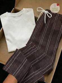 Tseoso 2pcs Set Embroidered Round Neck Short Sleeve Top And Striped Print Pants, Casual - Brown - View 6