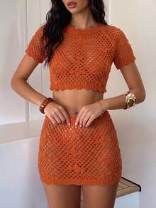 SHEIN Holidaya Women's Elegant Tropical Solid Color Knit 2 Pieces Set Beach Vacation Burnt Orange Autumn - Burnt Orange - View 6