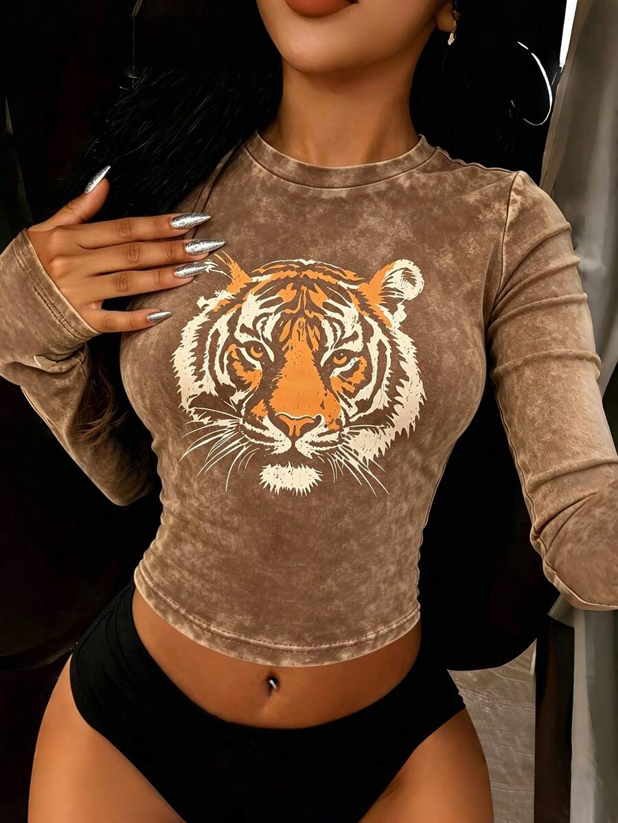 Rovax Women Casual Now Fashion Tiger Print Washed Crop Top, Streetwear Y2k - Multicolor - View 1