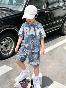 大童男孩休閒舒適時尚簡約字母印花紋理圖案街頭風萬聖節返校圓領短袖T恤與短褲兩件套 - 白色 - 查看 1