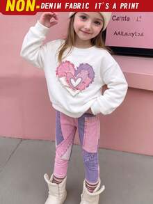 1 Set Conjunto de Primavera/Otoño para Niñas Pequeñas, Sudadera de Cuello Redondo con Estampado de Corazones y Volantes en Patchwork Rosa & Morado + Pantalones Largos de Ajuste Ceñido con Degradado de Bloques de Color, Conjunto de 2 Piezas - Multicolor - Ver 1