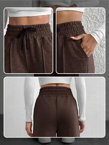 WovenCharm Pantalones de pierna ancha con cintura de cordón, talla pequeña - Marrón - Ver 3