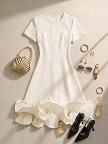 Formidée Plus Size Women's Round Neck Short Sleeve Ruffle Hem Casual Dress - Apricot - View 1