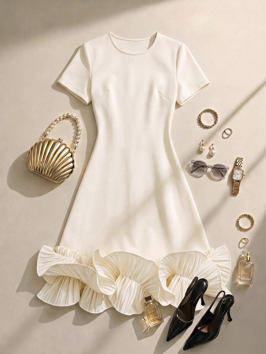Formidée Plus Size Women's Round Neck Short Sleeve Ruffle Hem Casual Dress - Apricot - View 1