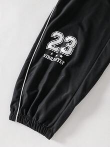 SHEIN 青少年男孩 2件組 Los Angeles 23號圖案夾克與長褲套裝，純黑色對比滾邊秋冬運動服，秋季穿搭 - 黑色 - 查看 7