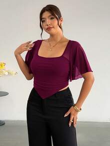 Firerie Plus Size Summer Elegant Solid Color Asymmetrical Hem T-Shirt - Burgundy - View 4