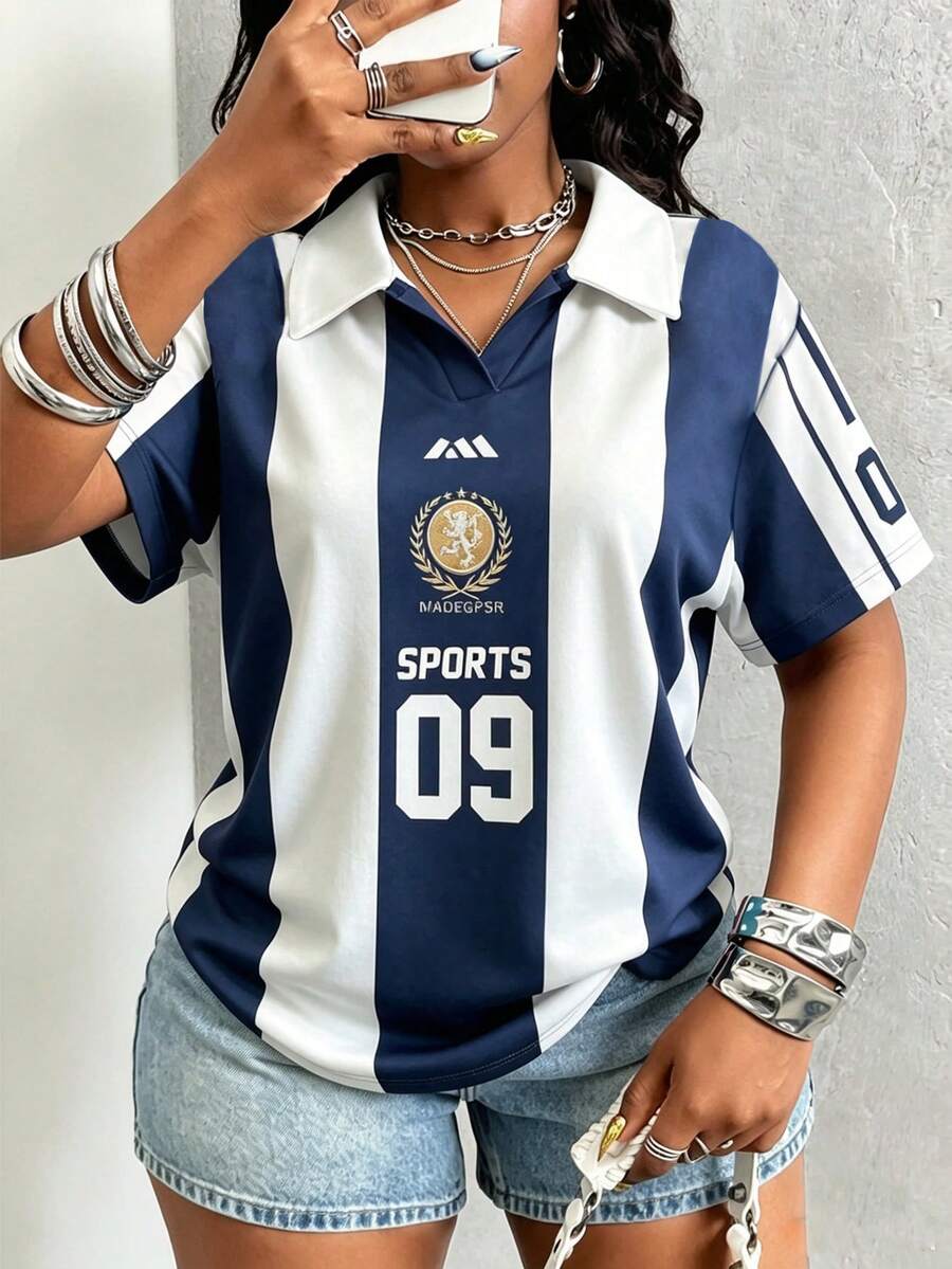 Maweii 大尺碼休閒運動風條紋數位印花T恤 - 彩色 - 查看 1