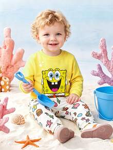 SpongeBob SquarePants | SHEIN GraphicGems 小男孩春秋兩件套，亮黃色可愛卡通印花上衣，創意水下滿版印花收口長褲休閒套裝 - 黃色 - 查看 1