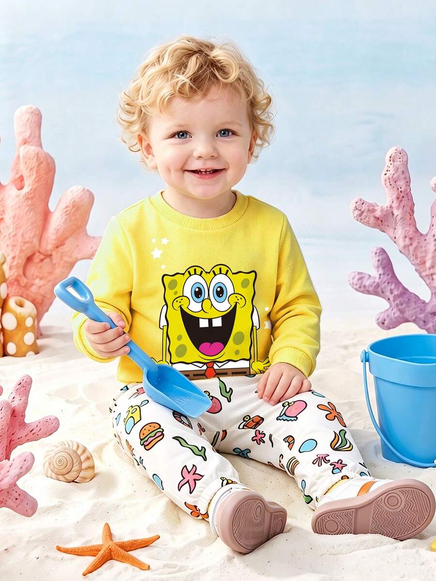 SpongeBob SquarePants | SHEIN GraphicGems 小男孩春秋兩件套,亮黃色可愛卡通印花上衣,創意水下滿版印花收口長褲休閒套裝 - 黃色 - 查看 1