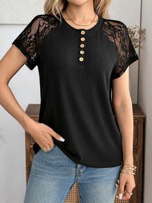 EMERY ROSE Women's Contrast Lace Insert Short Sleeve Button Half Placket Casual T-Shirt - Black - View 3
