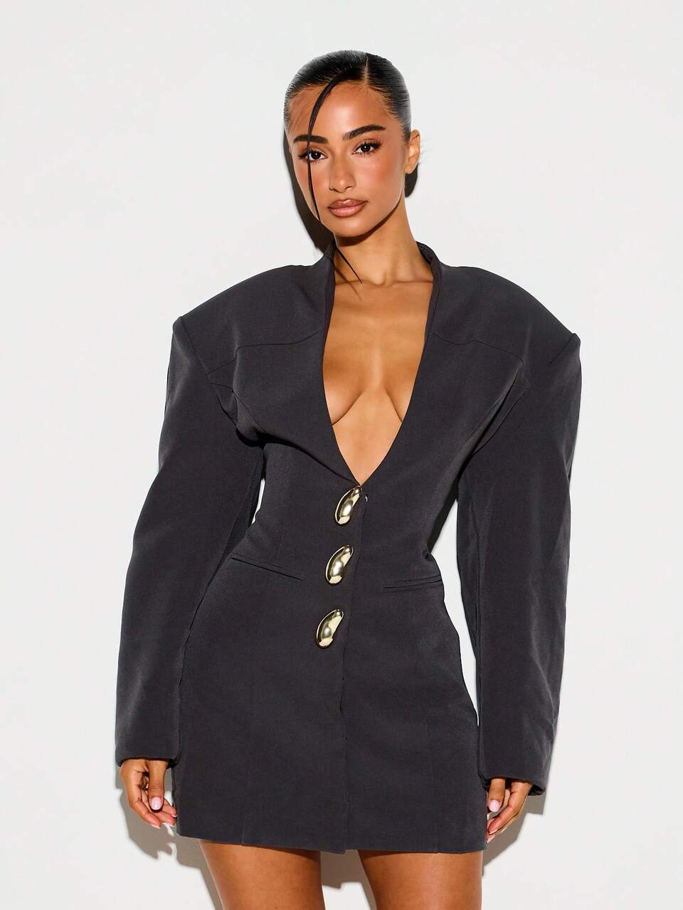KIZN Blazer Mini Dress With Plunge Neckline And Gold Buttons