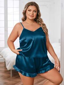 SilkySpell Plus Satin Cami Top & Ruffle Hem Shorts PJ Set / Pajama Set - Teal Blue - View 6