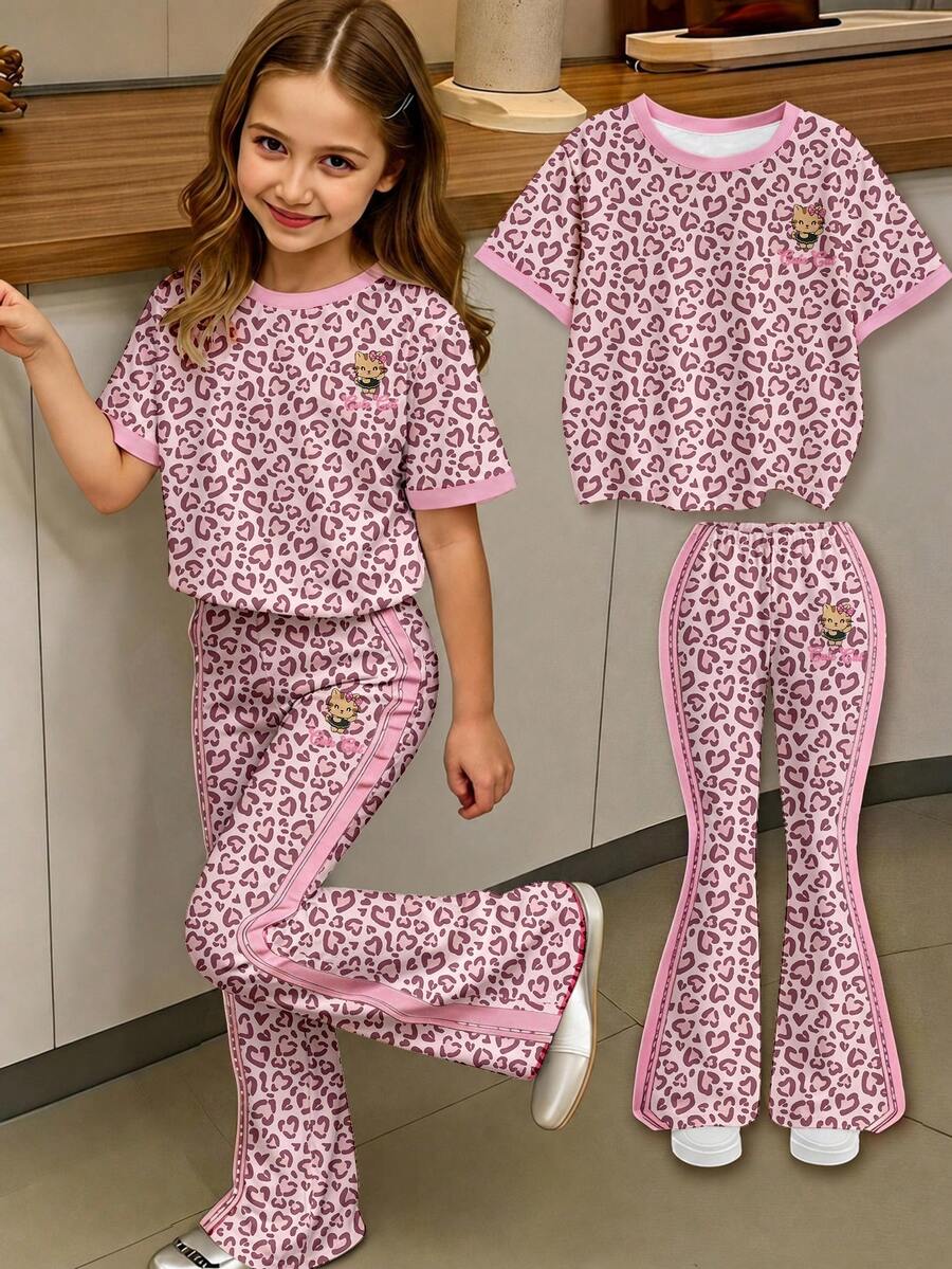 Young Girl Casual Minimalist Cartoon Pattern Round Neck Short Sleeve Top & Flare Pants 2pcs Set Suitable For Summer - Multicolor - View 1