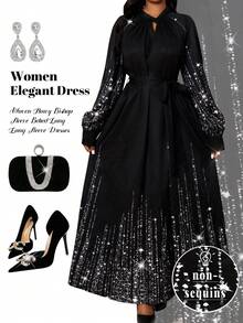 Fleurora Plus Size Women's Keyhole Neck Glitter Print Long Sleeve Tie Waist Dress, Elegant For Party And Occasions, Spring/Autumn/Winter Fall - Black - View 1