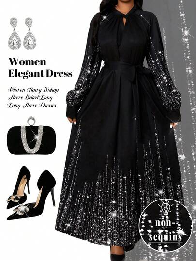 Fleurora Plus Size Women's Keyhole Neck Glitter Print Long Sleeve Tie Waist Dress, Elegant For Party And Occasions, Spring/Autumn/Winter Fall