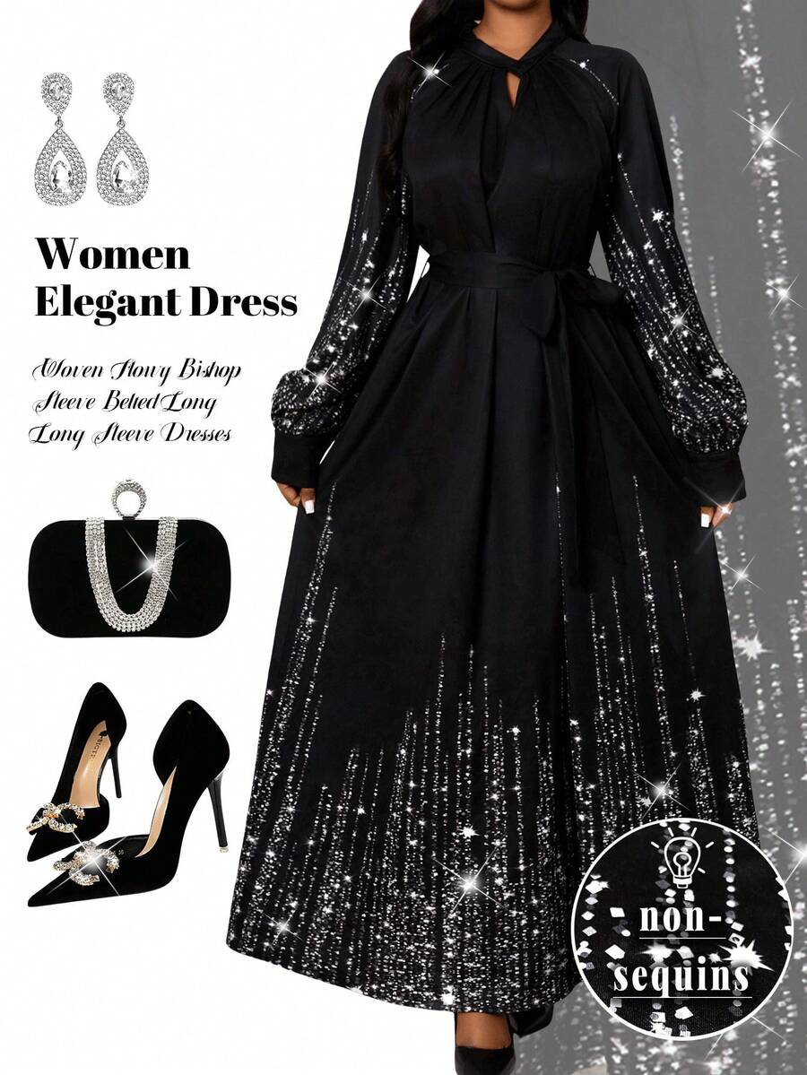 Fleurora Plus Size Women's Keyhole Neck Glitter Print Long Sleeve Tie Waist Dress, Elegant For Party And Occasions, Spring/Autumn/Winter Fall - Black - View 1