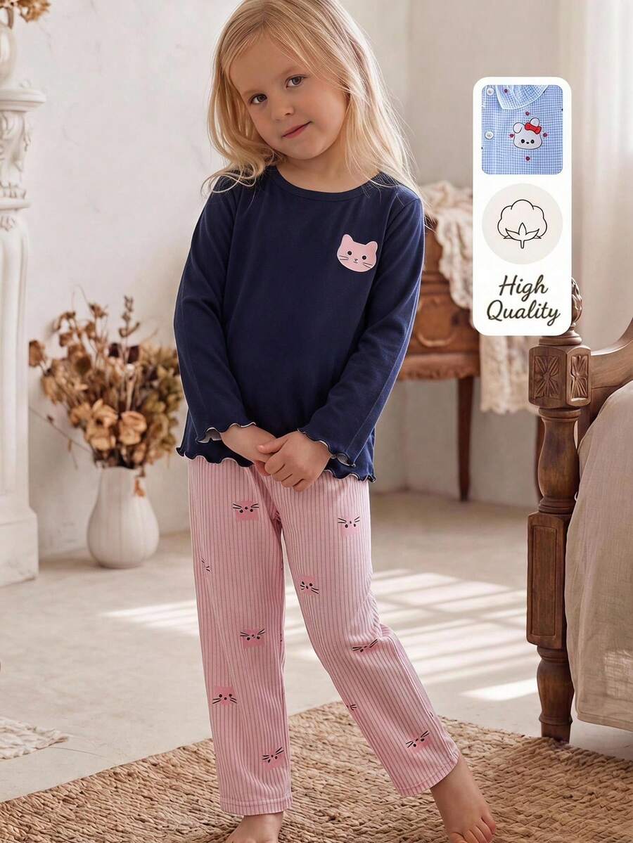 SHEIN Genkimix Kids 女童圓領卡通印花長袖上衣與長褲休閒日常居家睡衣套裝 - 藏蓝色 - 查看 1