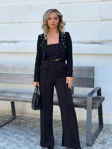 Jeta Ari Pearls Beaded Open Front Crop Jacket Without Cami Top In Fall/Winter Black - Black - View 5