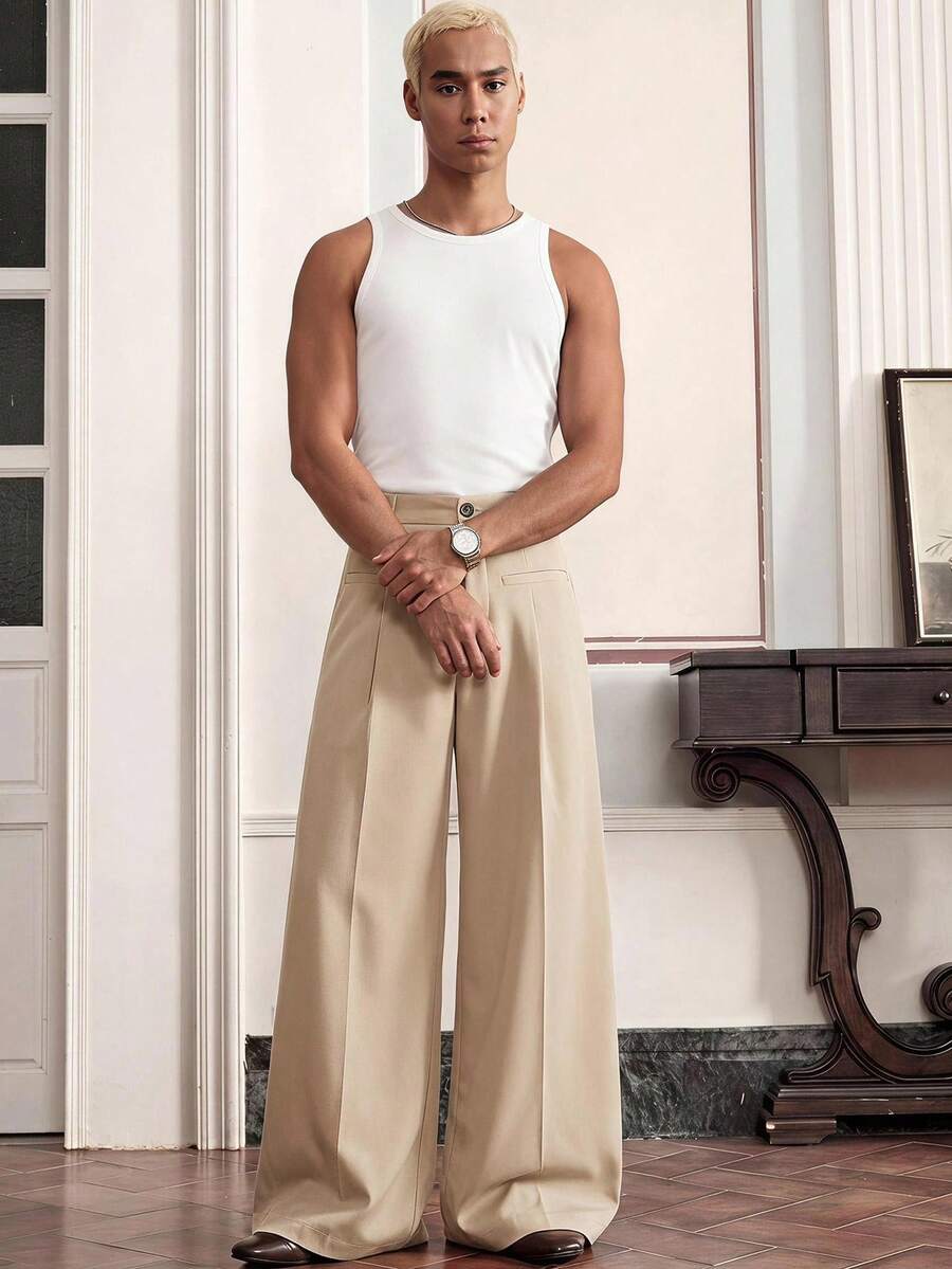 SWAVVY Men's Solid Color Pleated Wide Leg Loose Casual Long Pants - Khaki - View 1
