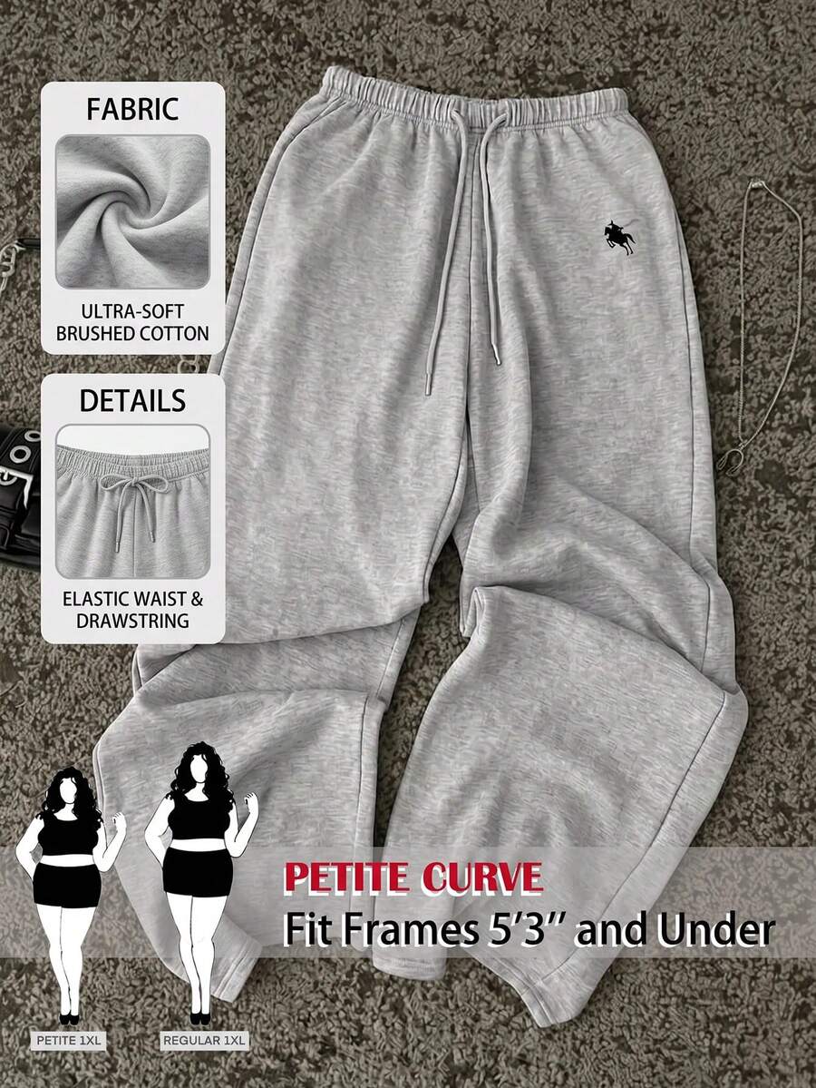 SHEIN PETITE CURVE 大尺碼女款抽繩腰騎士圖案休閒日常運動長褲 - 淺灰色 - 查看 1