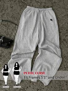 SHEIN PETITE CURVE 大尺碼女款抽繩腰騎士圖案休閒日常運動長褲 - 淺灰色 - 查看 2