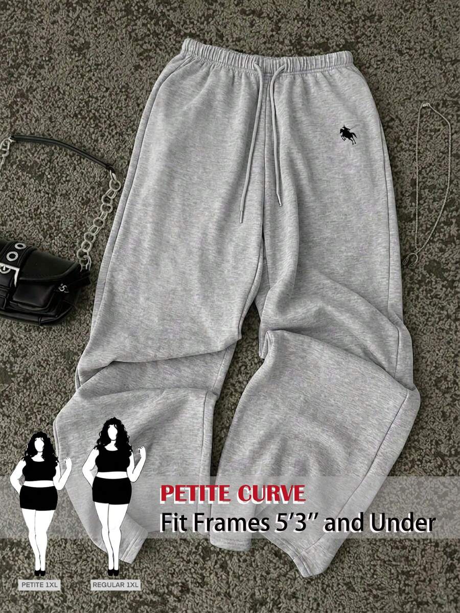SHEIN PETITE CURVE Plus Size Women's Drawstring Waist Knight Graphic Casual Everyday Sweatpants - Light Grey - View 1