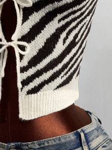 Mistrie American Retro Zebra Stripe Ribbed Knit Short Sleeve New Chinese Style Frog Button Halter Neck Hollow Out Multi-Tie Fitted Cropped Top - Beige - View 3