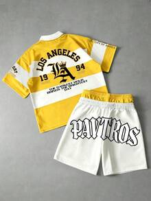 PAVTROS 男士美式學院風徽章刺繡T恤短褲兩件套，Polo領半袖T恤，2合1短褲，針織運動套裝，美式復古學院風，高街奢華運動風，適合日常通勤、校園活動、聚會、輕社交、高爾夫及其他戶外運動，度假禮物 - 黃色 - 查看 2