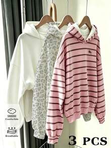 (3件組) 秋冬女童休閒時尚簡約白色、灰色豹紋、粉色、棕色條紋基礎運動衫 - 彩色 - 查看 1