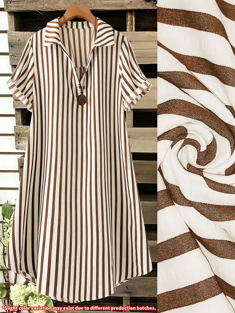 SHEIN Tall CURVE Đầm ngắn tay cổ chữ V kiểu Pháp dáng rộng dành cho nữ cỡ lớn, thích hợp mặc mùa hè. - màu nâu - Xem 1