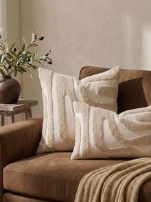 Cirelle 1pc Aesthetic Abstract Tufted Throw Pillow Cover - Cream Wavy Line Textured Cushion Case - Decorative Monochrome Beige Pillowcase Shell For Couch, Sofa Chair & Bed Home Decor (No Insert) - Beige - View 1