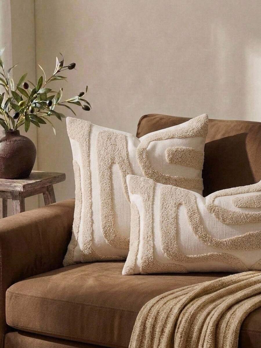 Cirelle 1pc Aesthetic Abstract Tufted Throw Pillow Cover - Cream Wavy Line Textured Cushion Case - Decorative Monochrome Beige Pillowcase Shell For Couch, Sofa Chair & Bed Home Decor (No Insert) - Beige - View 1
