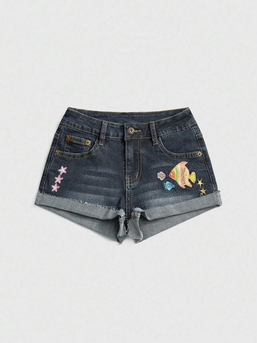ROMWE Avant 女款卡通魚刺繡口袋捲邊牛仔短褲 - 深色水洗藍 - 查看 1